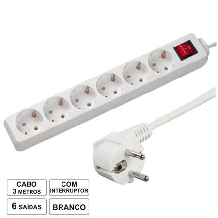 Tomada Elétrica C/ 6 Saídas Interruptor 3M