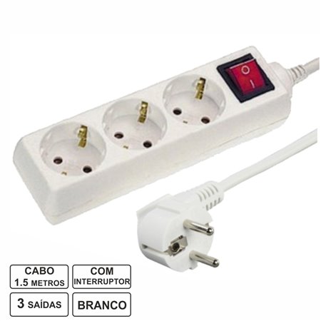 Tomada Elétrica C/ 3 Saídas Interruptor 1.5M Branco