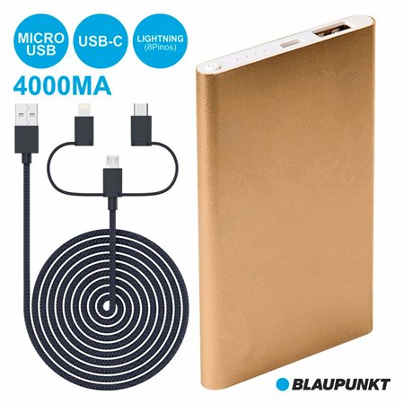 Powerbank 4000Ma C/ 3 Fichas E Cabo Dourado Blaupunkt