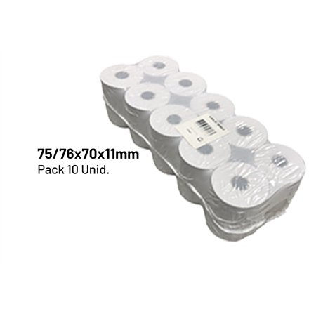 Rolo de Papel Térmico 75/76x70x11 - Pack de 10 unidades