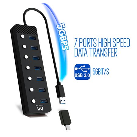 Ewent Hub USB 3.0 de 7 portas + switch - Adaptador USB tipo A + USB tipo C