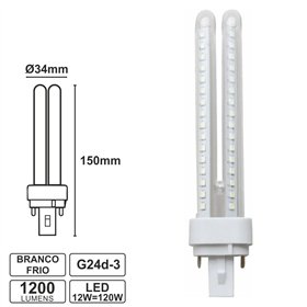 Lâmpada G24 12W120W 230V Led Branco Frio 1200Lm