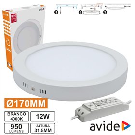 Painel Leds Redondo Superfície 12W 170Mm 4000K 950Lm Avide