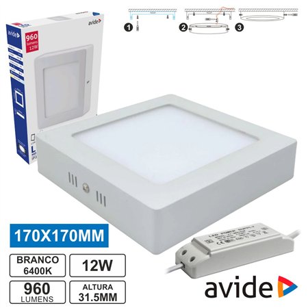 Painel Leds Quadrado Superfície 12W 170Mm 6400K 960Lm Avide