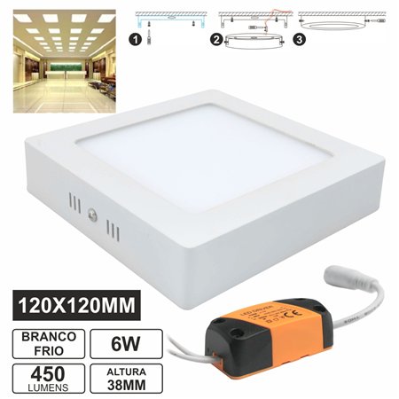 Painel Leds Quadrado Superficie 6W 120Mm Branco Frio 450Lm