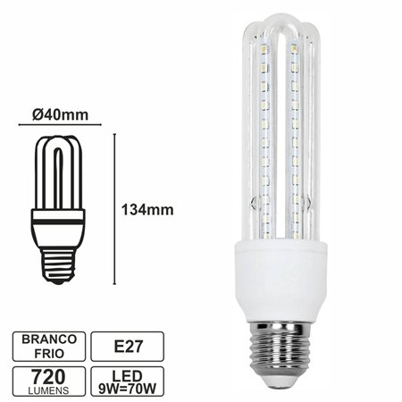 Lâmpada E27 9W70W 230V Led 3U Branco Frio 720Lm