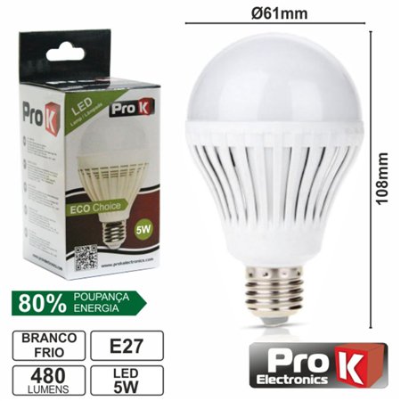 Lâmpada E27 5W25W 230V 18 Leds Globo Branco Frio 480Lm Prok