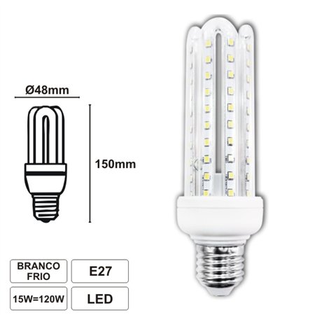 Lâmpada E27 15W120W 230V Led 4U Branco Frio 1200Lm