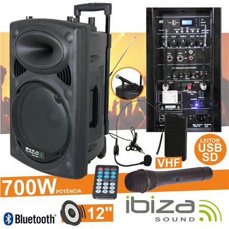Coluna Amplificada 12" 700W Usb/Bt/Sd/Bat Vhf Preta Ibiza