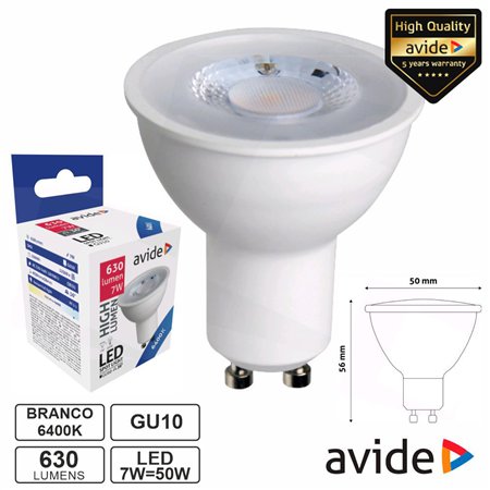 Lâmpada LED GU10 Spot 36º 7W 230V 6400K 630lm AVIDE