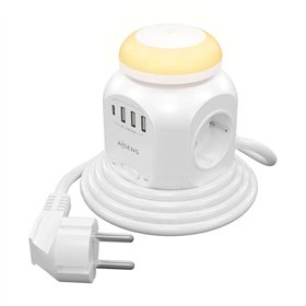 Power Strip multifuncional de mesa Aisens com 4 tomadas + 1xUSB-C - 3xUSB-A - Luz noturna - 1,8m - Cor branca
