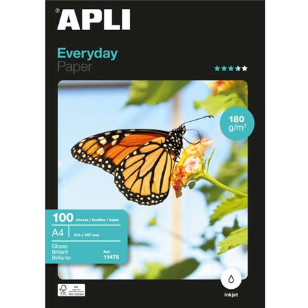 Papel fotográfico Apli Everyday A4 180gsm - Acabamento brilhante - 100 folhas