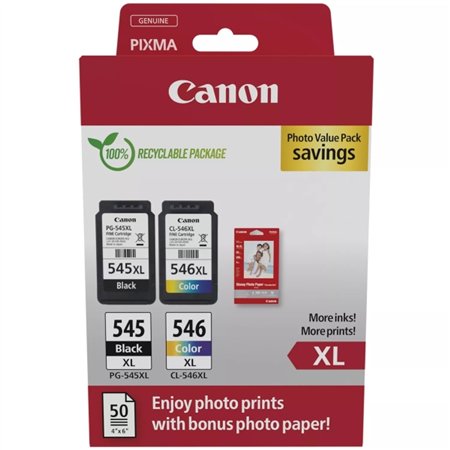 Canon PG545XL Preto + CL546XL Colorido Pack de 2 Tinteiros Originais + 50 Folhas de Papel Fotográfico - 8286B011/8286B006