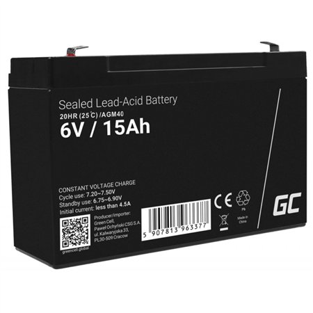 Bateria Chumbo Gel AGM 6V 15A GREEN CELL