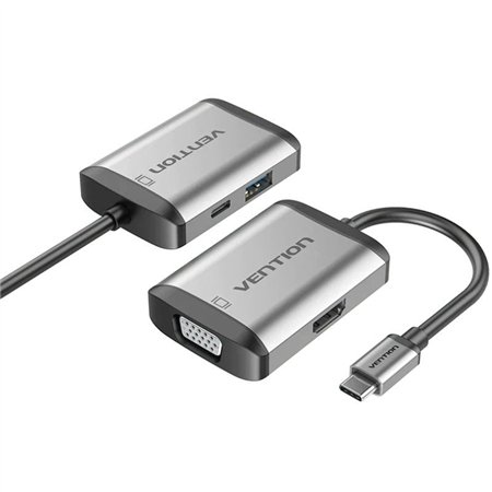 Conversor Vention TFAHB, 1xUSB, 1xHDMI, 1xVGA, 1xUSB Tipo-C PD, 15cm, Cinza