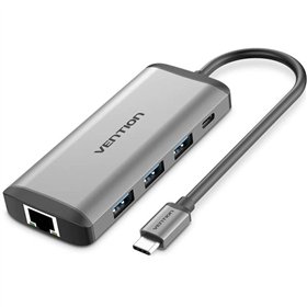 Dock USB Tipo-C Vention CNDHB, 1xHDMI, 3xUSB, 1xUSB Tipo-C PD, 1xRJ45, 1xLeitor de cartões, Cinza