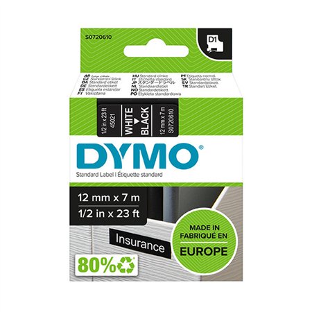 Dymo LM D1 45021 Fita de Etiquetas Original para Rotuladora Texto Branco sobre Fundo Preto Largura 12mm x Largo 7m