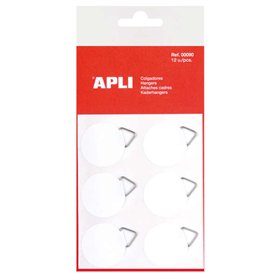 Conjunto de 12 ganchos autoadesivos redondos Apli Ø 30mm - Suporte triangular de metal - Base adesiva branca - Alta resistência 