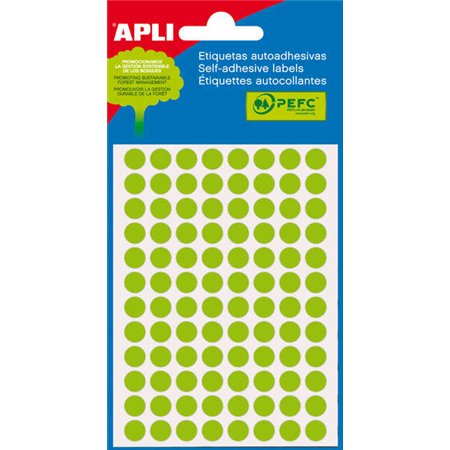 Pacote Apli Mini com 288 Etiquetas Redondas Ø 8mm - 3 Folhas com 96 Etiquetas - Adesivo Permanente - Verde Fluorescente
