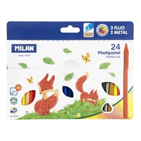 Conjunto de 24 giz de cera triangulares coloridos Milan Plastipastel - Contém 3 giz de cera fluorescentes e 2 metálicos - Cores 