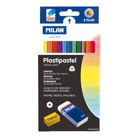 Conjunto de 12 giz de cera triangulares coloridos Milan Plastipastel - Inclui borracha e apontador - Bandeja interna - Cores sor