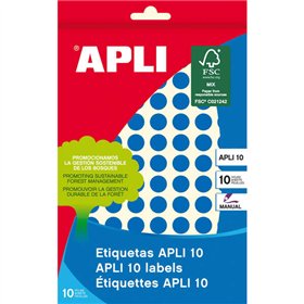 Etiquetas Apli, 10 unidades, azuis, Ø 10 mm, 8 folhas.