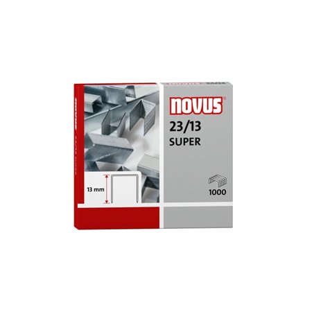 Caixa com 1000 grampos galvanizados Novus 23/13 para grampeadores de alta resistência.