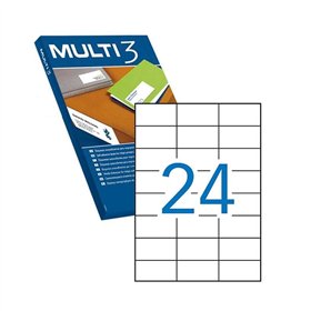 Pacote Multi3 com 2.400 etiquetas brancas de bordas retas, tamanho 70x37mm, com adesivo permanente para múltiplos usos.