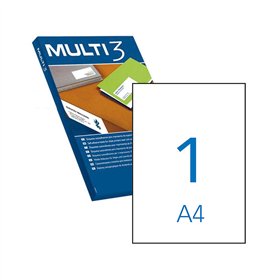 Pacote Multi3 com 100 etiquetas brancas com bordas retas, tamanho 210,0 x 297,0 mm, com adesivo permanente para múltiplos usos.