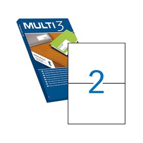 Pacote Multi3 com 200 etiquetas brancas com bordas retas, tamanho 210,0 x 148,0 mm, com adesivo permanente para múltiplos usos.