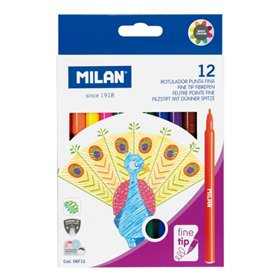 Kit com 12 Marcadores Milan - Tinta à base de água - Ponta fina de 2 mm - 154 mm - Cores sortidas