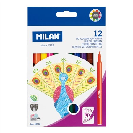 Kit com 12 Marcadores Milan - Tinta à base de água - Ponta fina de 2 mm - 154 mm - Cores sortidas