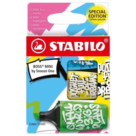 Stabilo Boss Mini da Snooze - Pacote com 3 Mini Marcadores Fluorescentes - Espessura da Linha entre 2 e 5 mm - Tinta à Base de Á