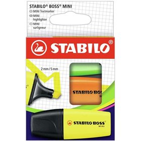 Kit com 3 Mini Marcadores Fluorescentes Stabilo Boss - Espessura da linha entre 2 e 5 mm - Tinta à base de água - Não seca - Cor