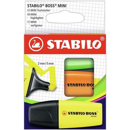 Kit com 3 Mini Marcadores Fluorescentes Stabilo Boss - Espessura da linha entre 2 e 5 mm - Tinta à base de água - Não seca - Cor