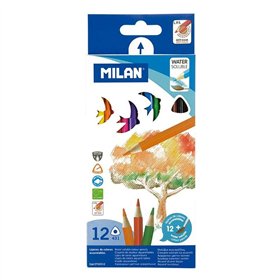 Conjunto Milan com 12 Lápis de Cor Triangulares para Aquarela + Pincel - Mina de 2,9 mm - Traço Uniforme - Resistente à Quebra -