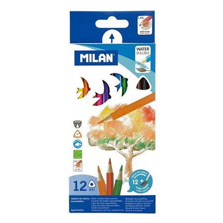 Conjunto Milan com 12 Lápis de Cor Triangulares para Aquarela + Pincel - Mina de 2,9 mm - Traço Uniforme - Resistente à Quebra -