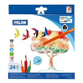 Conjunto Milan com 24 Lápis de Cor Triangulares para Aquarela + Pincel - Mina de 2,9 mm - Traço Uniforme - Resistente à Quebra -