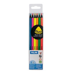 Conjunto de 6 lápis de cor triangulares Milan Fluo - Mina de 2,9 mm - Ergonômicos - Resistentes à quebra - Madeira de tília - Co