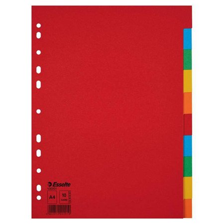 Divisórias de cartão Esselte A4, com vários furos, 150 g/m² - 10 abas, 5 cores - Embaladas individualmente em saco.