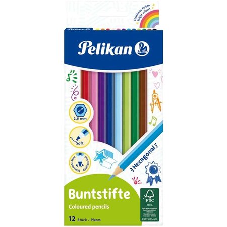Caixa Pelikan com 12 lápis de cor hexagonais laqueados - Mina resistente à quebra - Certificado FSC