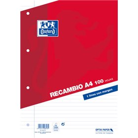 Pacote de Refil Oxford Classic com 100 Folhas Soltas A4, 1 Linha Horizontal com Margem e 4 Furos