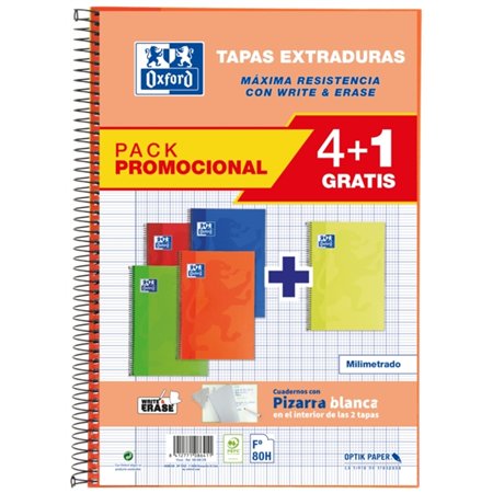 Conjunto de 5 cadernos espiral Oxford School Classic Write&Erase com capas extra rígidas - Tamanho A4 - Papel quadriculado com m