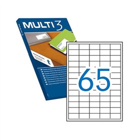 Pacote Multi3 com 32.500 etiquetas brancas de bordas retas, tamanho 38,0 x 21,2 mm, com adesivo permanente para múltiplos usos.