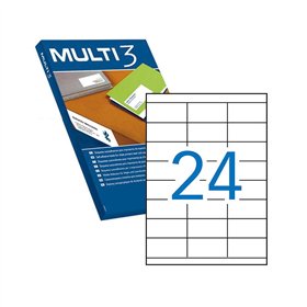 Pacote Multi3 com 12.000 etiquetas brancas com bordas retas, tamanho 70,0 x 35,0 mm, com adesivo permanente para múltiplos usos.