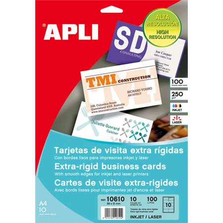 Pacote com 100 cartões de visita Apli, 250g - 10 folhas por pacote (10 cartões) - Bordas retas - Branco fosco