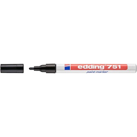 Marcador permanente Edding 751 - Ponta redonda - Espessura da linha entre 1 e 2 mm - Tinta opaca - Secagem rápida - Preto