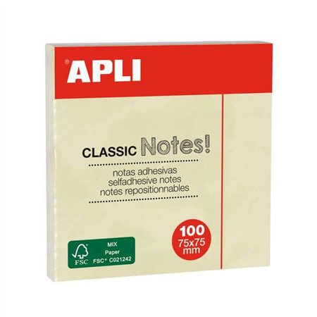 Bloco de notas adesivas Apli Classic com 100 unidades, 75 x 75 mm - Amarelo