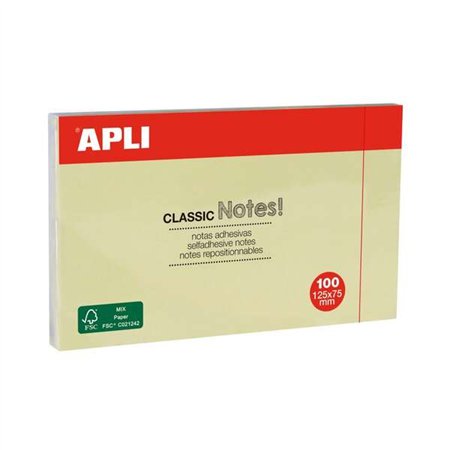 Bloco de notas adesivas Apli Classic com 100 unidades, 125 x 75 mm - Amarelo