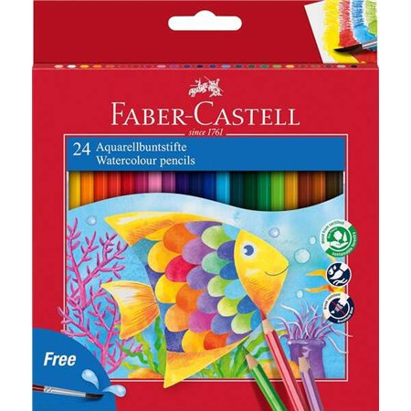 Lápis de cor aquarela Faber-Castell Classic Colour, pacote com 24 lápis hexagonais + pincel - Resistentes à quebra - Cores sorti